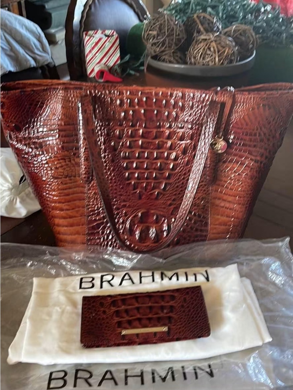 Brahmin Croc-Embossed Leather Tote in Amber